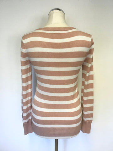 GUESS PINK & IVORY STRIPE DIAMANTÉ & GOLD LOGO TRIM LONG SLEEVE JUMPER SIZE S