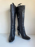 KAREN MILLEN BLACK LEATHER BUCKLE TRIM HEELED KNEE LENGTH BOOTS SIZE 5/38