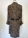 FARHI BY NICOLE FARHI BLACK & CAMEL PRINT SILK TIE WAIST 3/4 SLEEVE DRESS SIZE 16