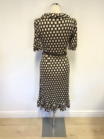 COAST BROWN & CREAM PRINT SILK SHORT SLEEVE WRAP AROUND DRESS SIZE 8