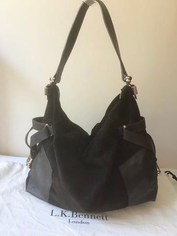 LK BENNETT DARK BROWN SUEDE & LEATHER LARGE SHOULDER BAG