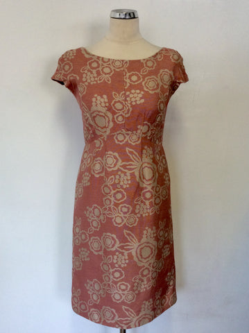 DAKS ROSE PINK & BEIGE PRINT SILK & COTTON BLEND CAP SLEEVE DRESS SIZE 10