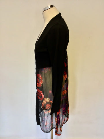 EAST BLACK COTTON & RED FLORAL SILK PRINT LONG CARDIGAN SIZE 12