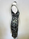 VERSACE COLLECTION GREEN,SILVER & BLACK SATIN SLEEVELESS PENCIL DRESS SIZE 40 U8