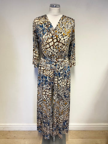 ONJENU LONDON MULTI COLOURED PRINT BELTED JUMPSUIT SIZE 10