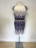 LINEA PURPLE,WHITE & BLACK PRINT CAP SLEEVE PENCIL DRESS SIZE 18