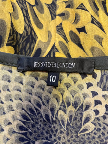 JENNY DYER LONDON 100% SILK MUSTARD & GREEN PRINT FIT & FLARE DRESS SIZE 10