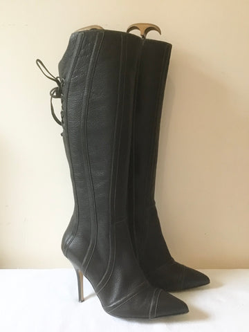 LACEYS LONDON BLACK LEATHER REAR LACE UP TRIM HEEL BOOTS SIZE 7/40