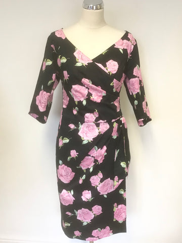 BRAND NEW BOMBSHELL BLACK & PINK ROSE PRINT HALF SLEEVE PENCIL DRESS SIZE 14
