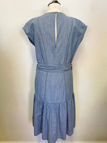 DESIGNER M.I.h JEANS LIGHT BLUE DENIM SLEEVELESS BELTED FIT & FLARE DRESS SIZE S