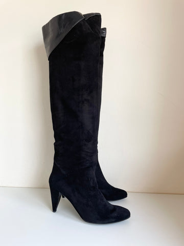 CHARLES JOURDAN BLACK SUEDE & LEATHER TRIM KNEE LENGTH HEEL BOOTS SIZE 5/37
