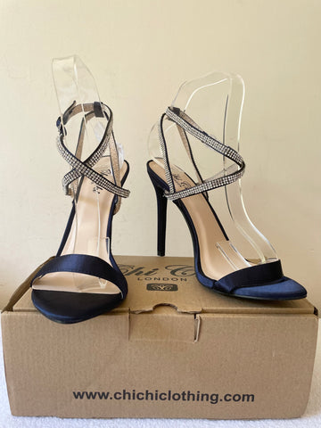 BRAND NEW CHI CHI NAVY BLUE SATIN & DIAMANTE TRIM STRAPPY HEEL SANDALS SIZE 5/38