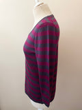 JAEGER RASPBERRY PINK & PURPLE STRIPE FINE KNIT 3/4 SLEEVE TOP SIZE M