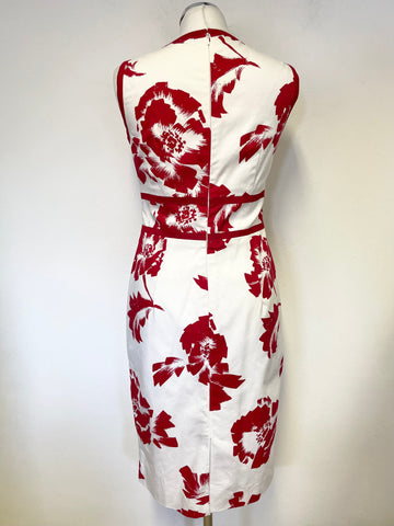 HOBBS WHITE & RED FLORAL PRINT SLEEVELESS COTTON PENCIL DRESS SIZE 10