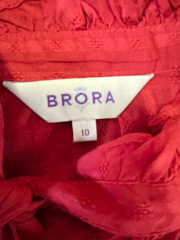 BRORA RED COTTON FRILLED LONG SLEEVED TIE FRONT SHIRT SIZE 10