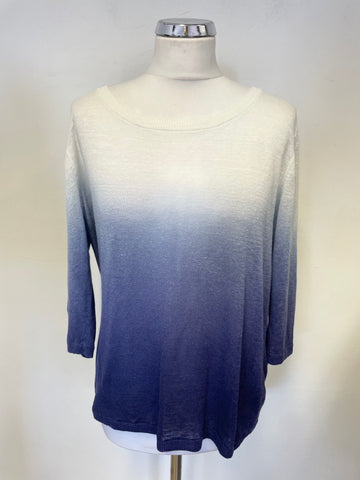MINT VELVET BLUE & WHITE FINE KNIT 3/4 SLEEVE CUT OUT BACK JUMPER SIZE 14