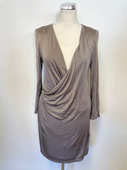 LK BENNETT BLACK RIBBON COLLECTION MINK DRAPED LONG SLEEVE DRESS SIZE 10