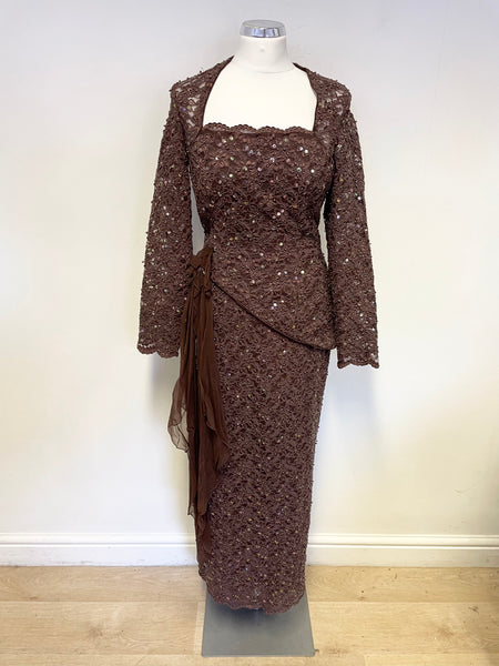 COUNTRY SOPHISTICATES BROWN LACE SEQUINNED & BEADED LONG SLEEVE TOP & LONG SKIRT SIZE 10