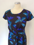PHASE EIGHT BLACK,TURQOUISE & BLUE FEATHER PRINT SILK DRESS SIZE 16