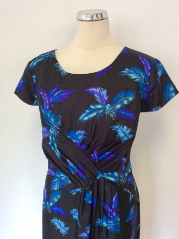 PHASE EIGHT BLACK,TURQOUISE & BLUE FEATHER PRINT SILK DRESS SIZE 16