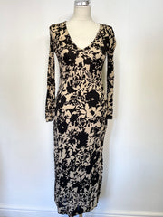 WHISTLES BLACK & CAMEL PRINT 3/4 SLEEVE MIDI PENCIL DRESS SIZE S UK 10