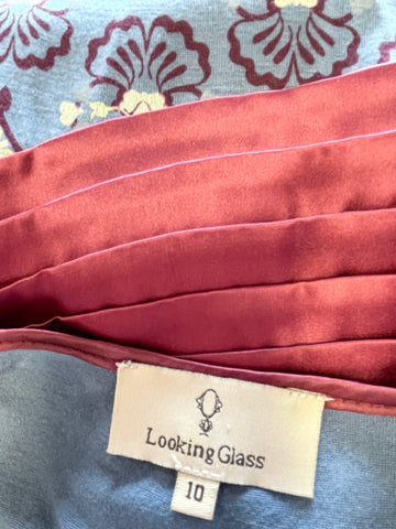 LOOKING GLASS BLUE & BURGUNDY PRINT STRETCH JERSEY MIDI DRESS SIZE 10