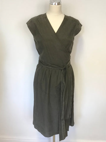TOAST KHAKI GREEN SILK & COTTON BLEND SLEEVELESS WRAP AROUND DRESS SIZE 10