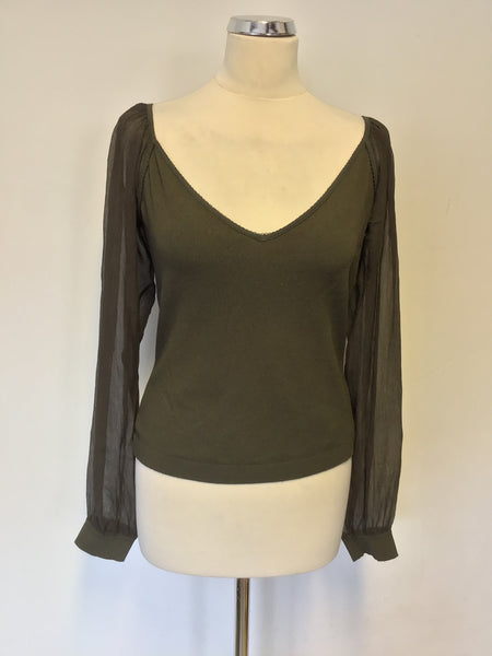 MARCCAIN KHAKI GREEN FINE KNIT SHEER SILK LONG SLEEVE TOP SIZE N3 UK  14
