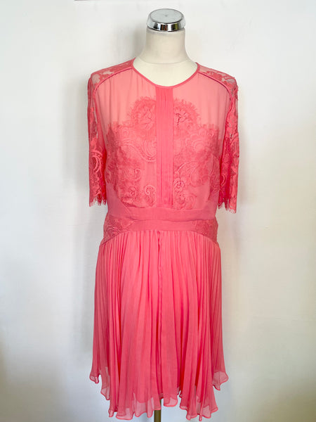 WHISTLES CORAL PINK LACE BODICE  SHORT SLEEVE PLEATED SKIRT FIT & FLARE DRESS SIZE 16