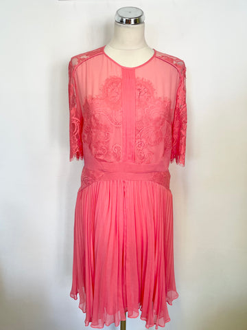 WHISTLES CORAL PINK LACE BODICE  SHORT SLEEVE PLEATED SKIRT FIT & FLARE DRESS SIZE 16