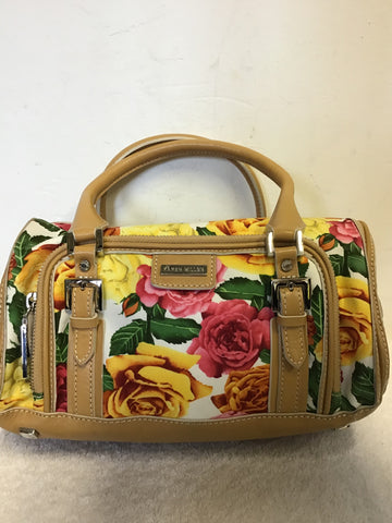 KAREN MILLEN FLORAL ROSE PRINT COTTON & TAN LEATHER TRIM HAND BAG
