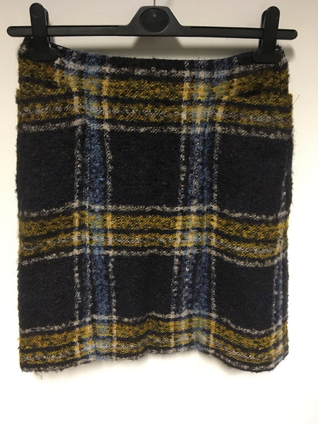 HOBBS DARK BROWN,MUSTARD & BLUE CHECK WOOL & MOHAIR BLEND SKIRT SIZE 8