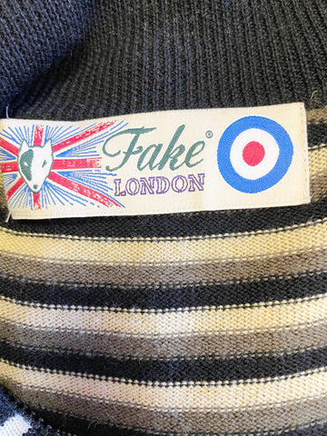 FAKE LONDON BLACK,BROWN & BEIGE 100% WOOL ZIP UP STRIPED CARDIGAN SIZE L