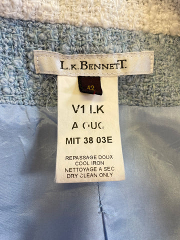 LK BENNETT LIGHT BLUE & WHITE TRIM BOUCLE COTTON MIX PENCIL DRESS & JACKET SUIT SIZE 42 UK 12