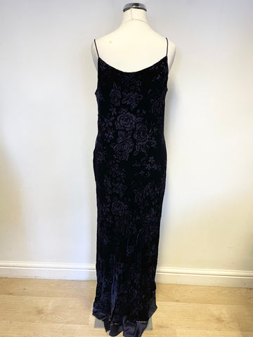 MONSOON MIDNIGHT BLUE FLORAL EMBOSSED VELVET SLEEVELESS LONG OCCASION DRESS SIZE 12