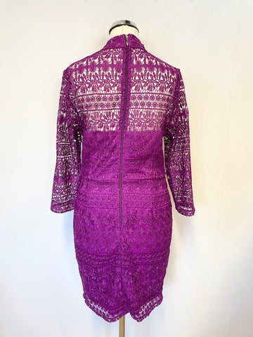 PAPER DOLLS MAGENTA LACE HIGH NECK 3/4 SLEEVED PENCIL DRESS SIZE 10