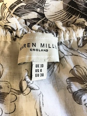 KAREN MILLEN CREAM & GREY PRINT CAP SLEEVE LACE UP BACK COTTON TOP SIZE 10