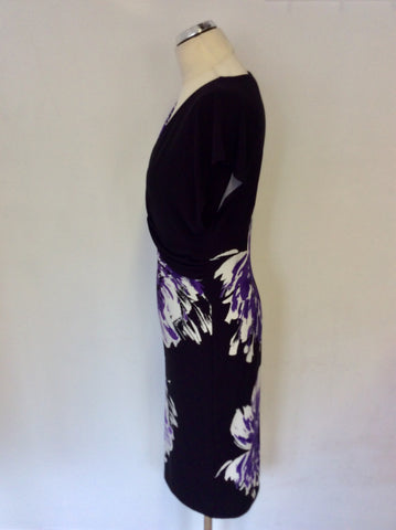 PRÉCIS PURPLE,BLACK & WHITE FLORAL PRINT STRETCH PENCIL DRESS SIZE 10
