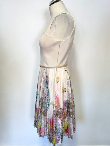 TED BAKER TARREN CREAM & MULTI COLOURED FLORAL PRINT FIT & FLARE DRESS SIZE 2 UK 10/12