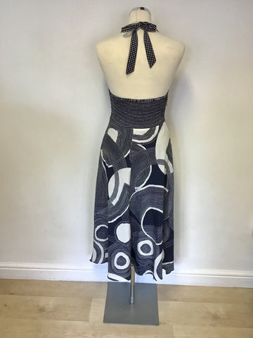 MONSOON NAVY BLUE & IVORY PRINT HALTERNECK DRESS SIZE 10