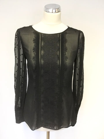 COAST BLACK LACE TRIM & SPOTTED LONG SLEEVE TOP SIZE 10