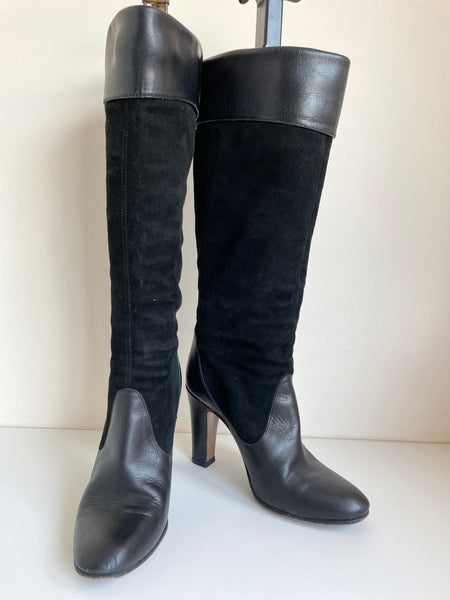 HOBBS BLACK SUEDE & LEATHER SLIM LEG HEELED BOOTS SIZE 4/37