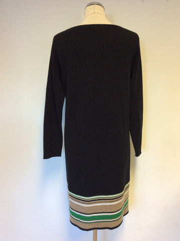 JAEGER BLACK WITH FAWN,WHITE & GREEN STRIPE WOOL KNIT DRESS SIZE M