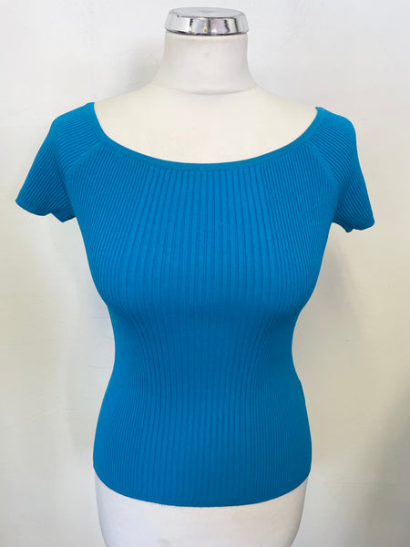 KAREN MILLEN TURQUOISE RIB KNIT BOAT NECKLINE CAP SLEEVE TOP SIZE M