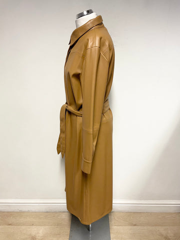RINO & PELLE TAN FAUX LEATHER BELTED MIDI SHIRT DRESS SIZE 44 UK 16