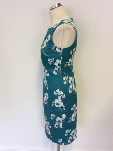 HOBBS EMERALD GREEN & WHITE FLORAL PRINT COTTON PENCIL DRESS SIZE 10