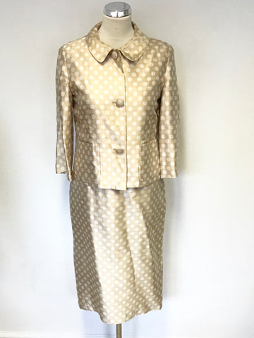LK BENNETT GOLD & WHITE SPOT SILK BLEND SPECIAL OCCASION PENCIL DRESS & JACKET SIZE 10