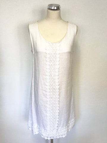MADE IN ITALY WHITE LINEN APPLIQUÉ TRIM SLEEVELESS SHIFT DRESS SIZE L