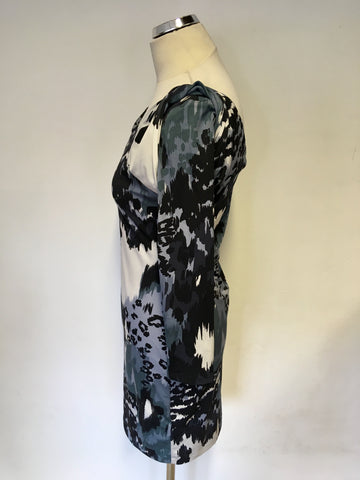 REISS 1971 VENUS GREY,BLACK & WHITE PRINT 3/4 SLEEVE MINI DRESS SIZE M