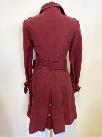 KAREN MILLEN BURGUNDY BRUSHED COTTON BELTED KNEE LENGTH COAT SIZE 10